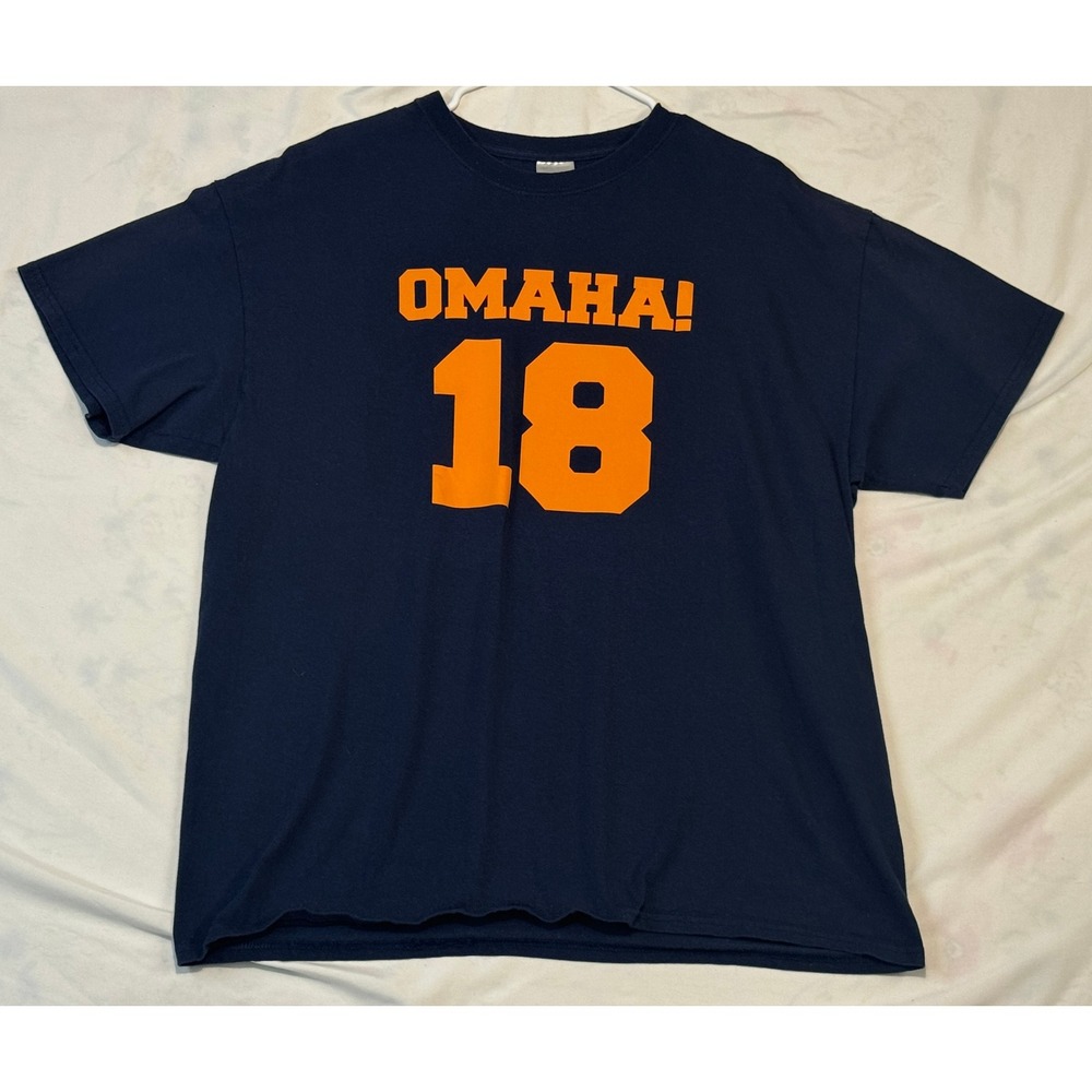 Gildan Ultra Cotton Omaha 18 Peyton Manning Navy Blue Graphic T-Shirt Mens XL